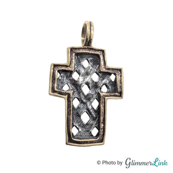 Vintage Two Tone Cross Woven Lattice Sterling Silver Gold Plated Pendant - Picture 5 of 9